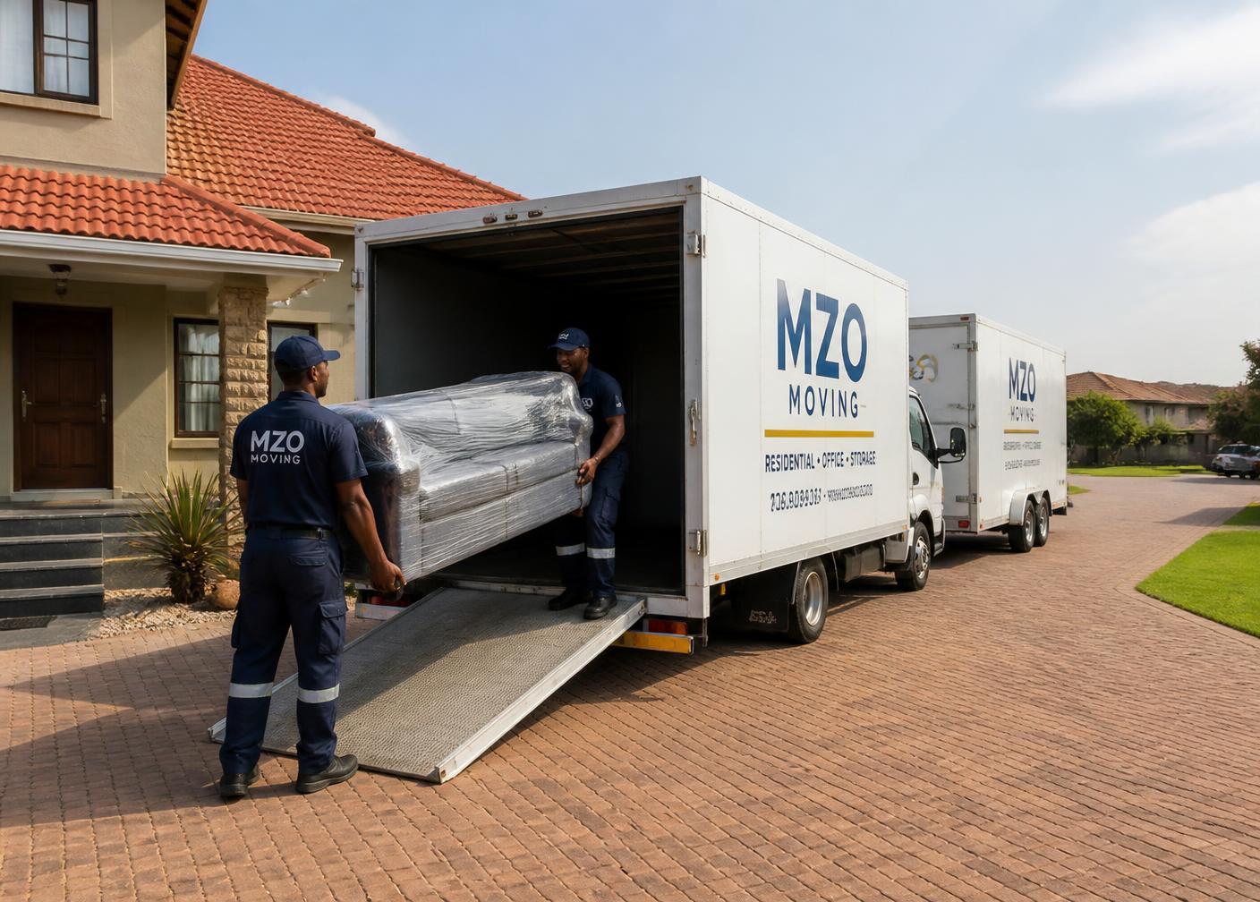 Moving team loading wrapped furniture into a transport vehicle