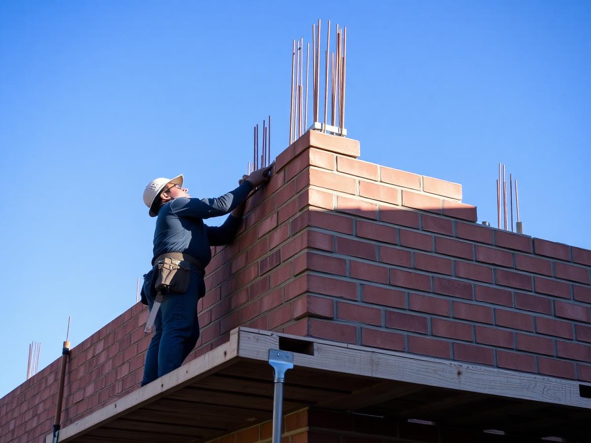 Bricklayer building a face-brick boundary wall