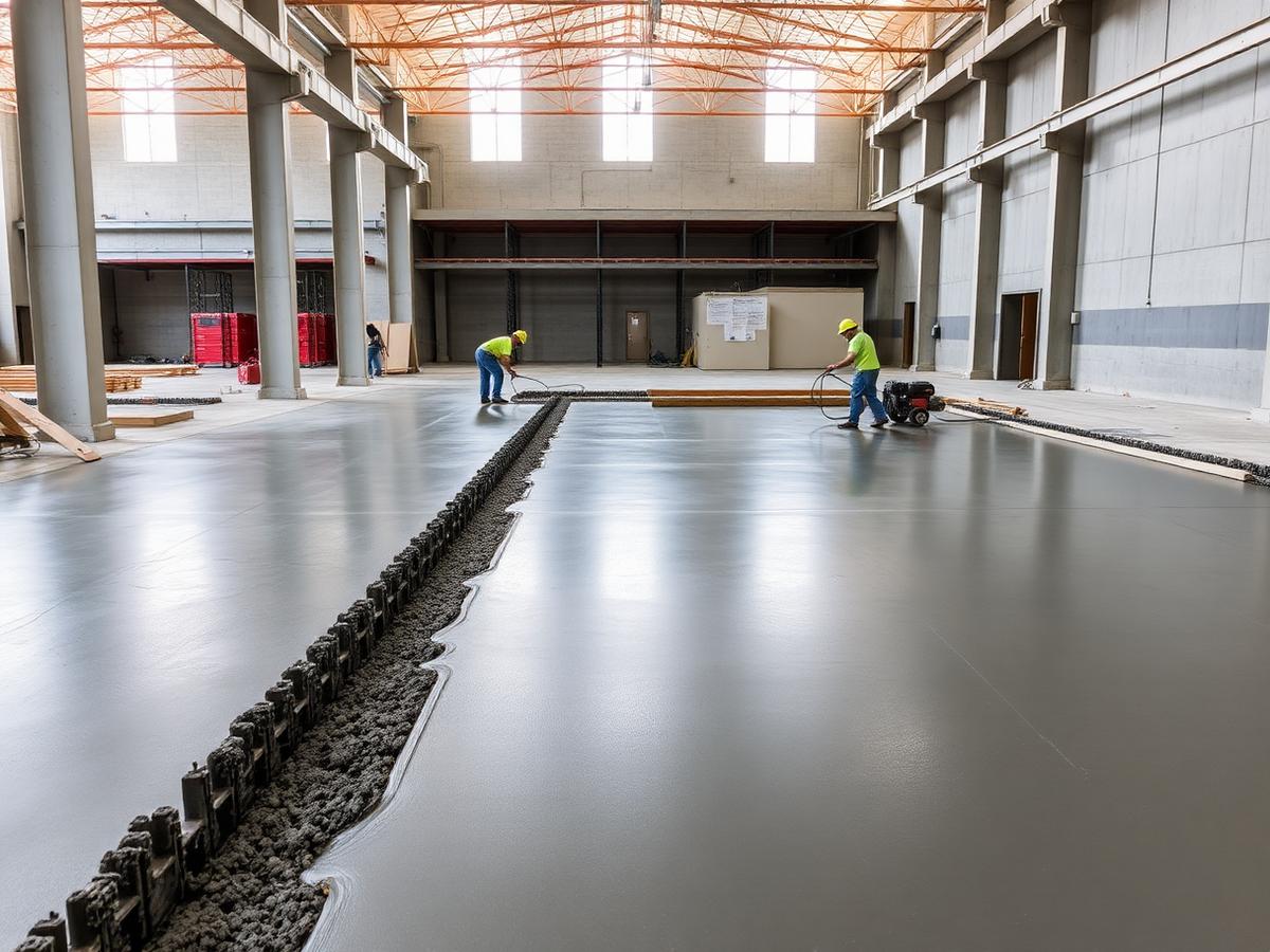 Power-floated concrete slab floor inside a warehouse