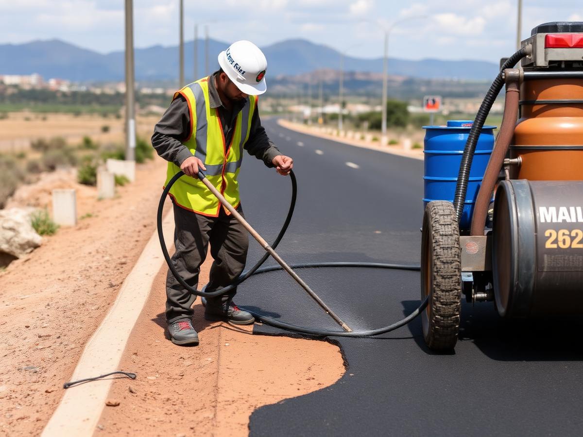 Worker applying bitumen crack sealant to a tarred road