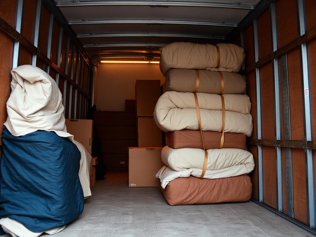 Furniture wrapped in blankets and strapped inside a moving truck