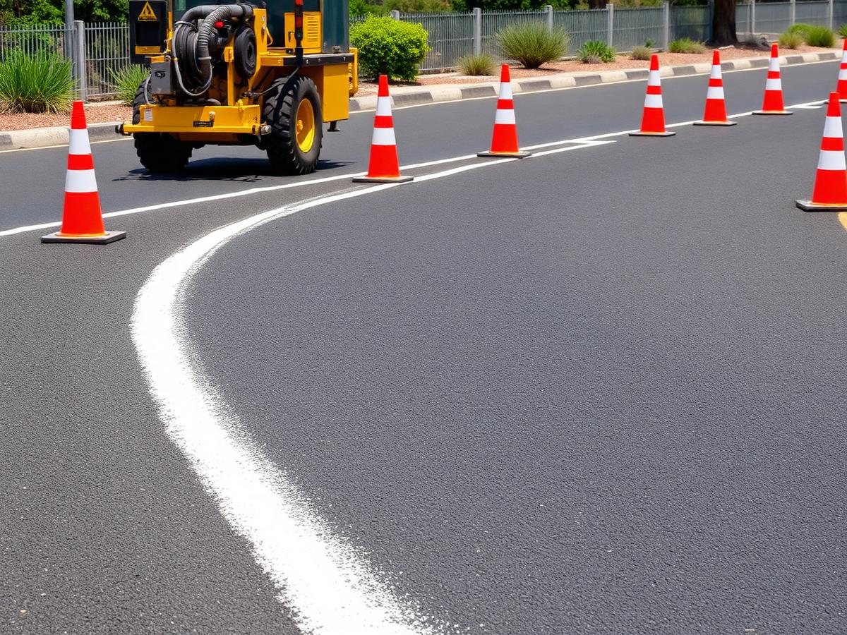 Fresh white line marking being applied to new asphalt